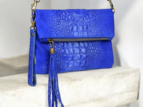 Blue Foldover Leather/ Suede Clutch with long strap