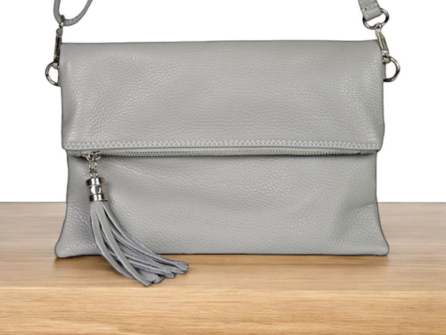 Light grey Foldover Leather Clutch with long strap